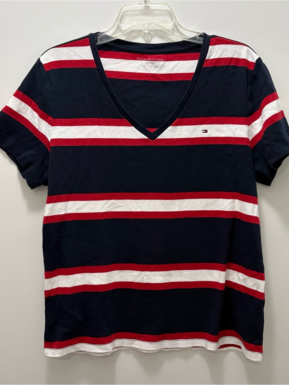 Tommy Hilfiger Navy, Red & White V-Neck Striped Tee